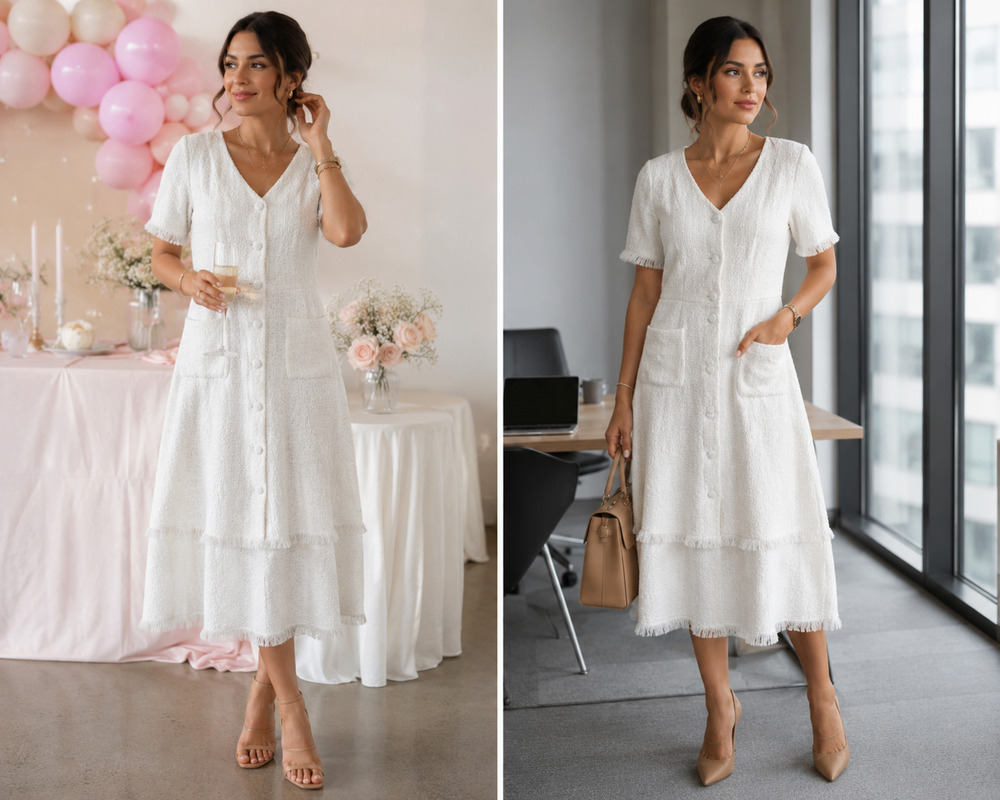Romantic Bouclé Textured Fringe White Midi Dress Quiet Luxury Cottagecore Sz-S